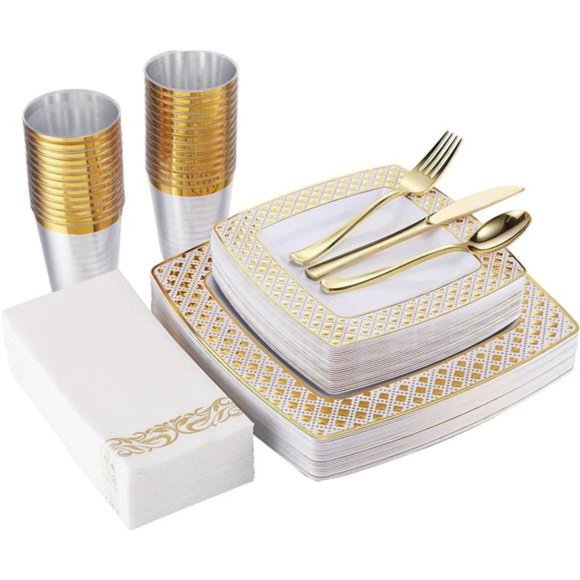 175 Piece Gold Dinnerware Set 25 Guest-50 Diamond Square Plastic Plates - Picture 1 of 7